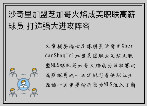沙奇里加盟芝加哥火焰成美职联高薪球员 打造强大进攻阵容